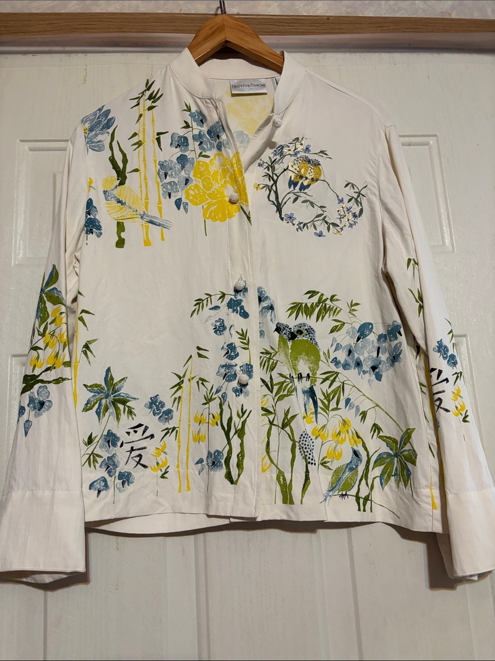 White Floral & Bird Print Mandarin Collar Blouse
